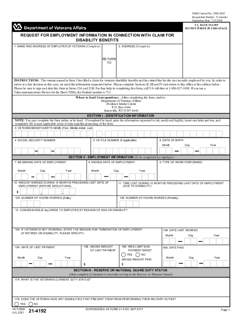 VA Form 21 4192 REQUEST for EMPLOYMENT INFORMATION in CONNECTION with CLAIM for DISABILITY BENEFITS 2021